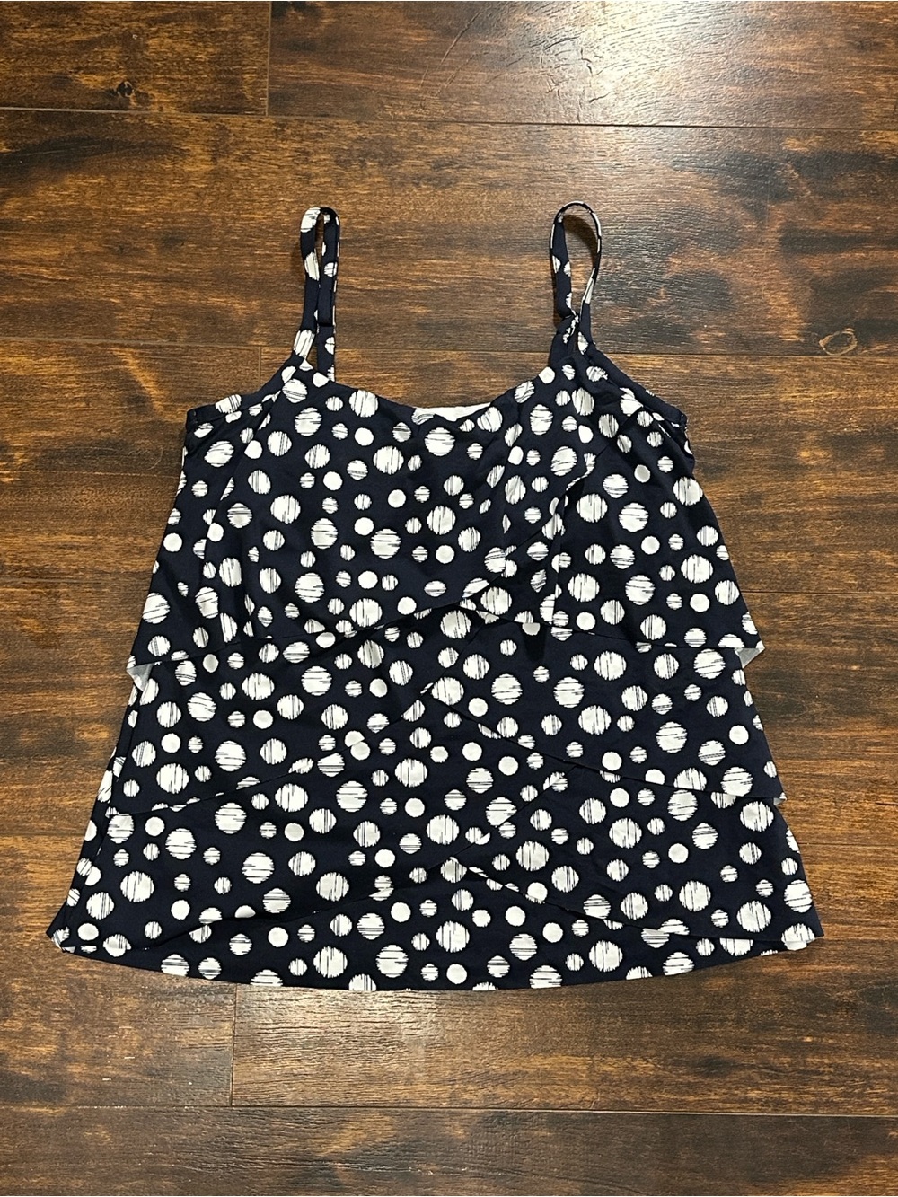 ✨MiracleSuit Navy Ruffle Layered Swim Top US 10 Polka Dot Like New🩱 - Picture 1 of 8
